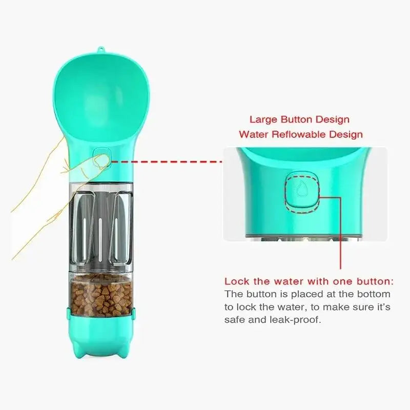 3 in 1 Leak Proof Pet Water Bottle Food Feeder for Dogs Cats, Outdoor Travel Drinking Dispenser with Poop Bag Holder