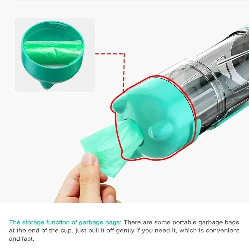 3 in 1 Leak Proof Pet Water Bottle Food Feeder for Dogs Cats, Outdoor Travel Drinking Dispenser with Poop Bag Holder