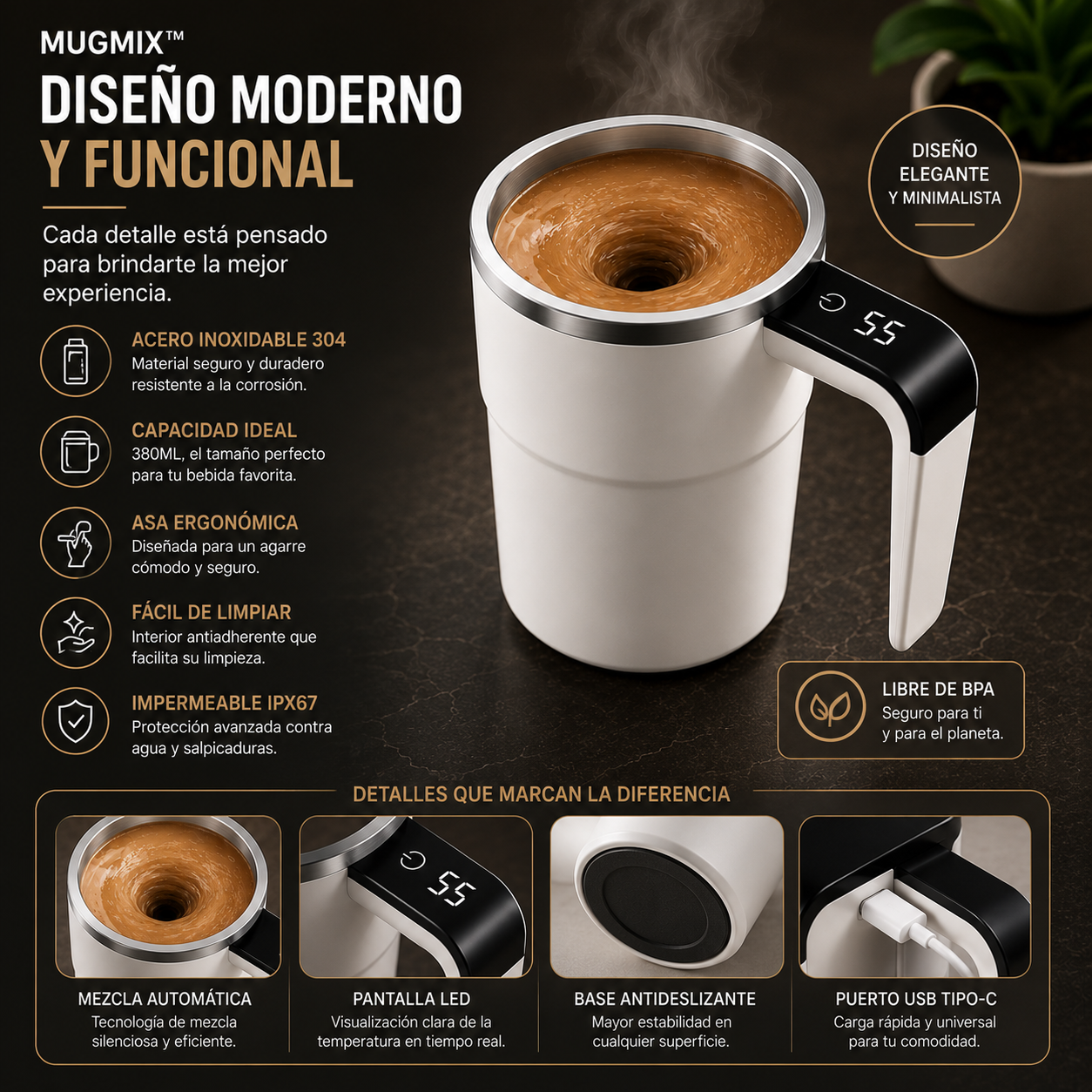 taza auto-mezcladora inteligente Taza AutoMezcla y Calienta
