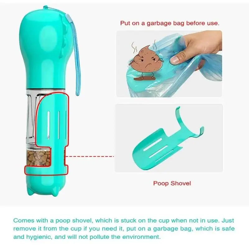 3 in 1 Leak Proof Pet Water Bottle Food Feeder for Dogs Cats, Outdoor Travel Drinking Dispenser with Poop Bag Holder